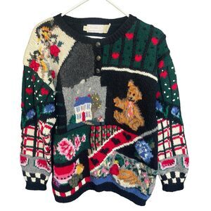 Vintage‎ Eagles Eye Sweater Womens Medium Grandmacore Wool Teddy Bear Floral 90s